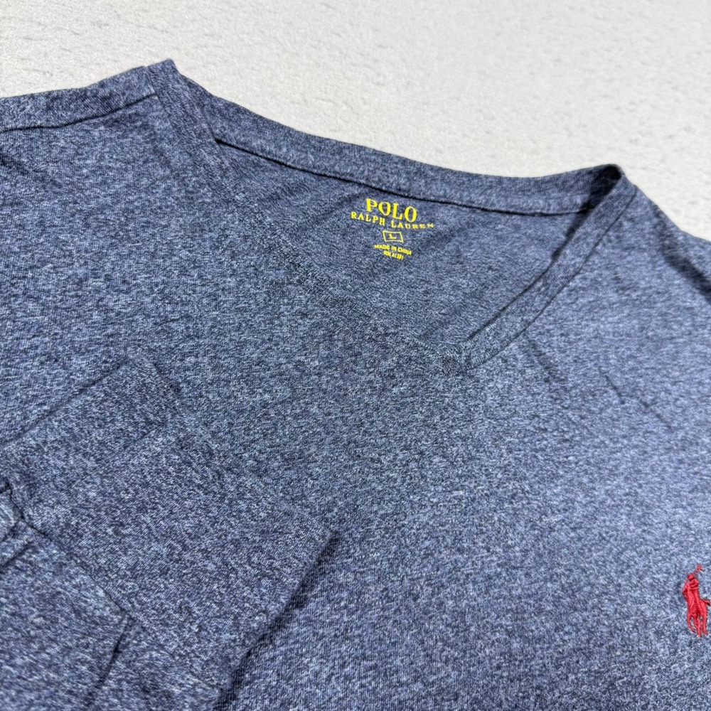 Polo Ralph Lauren Mens V-Neck Long Sleeve T-Shirt Heather Navy Blue Red Pony L